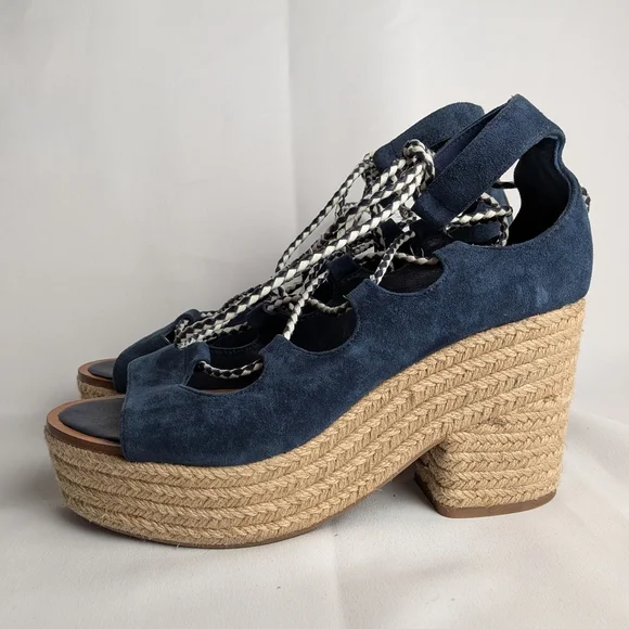 TORY BURCH Positano Suede Lace Up Platform Heel Women Sandals Size 9.5 Blue Beig - Picture 7 of 14